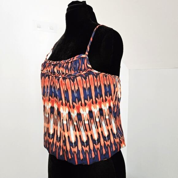 FANG Blue and Orange Spaghetti Strap Elasticized Blouson Semi Sheer Top L - Picture 4 of 10